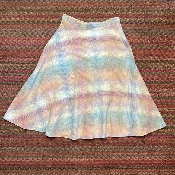 Vintage Dresses & Skirts - VTG WOOL BLEND PASTEL PLAID MIDI SKIRT FLOWY FLARE